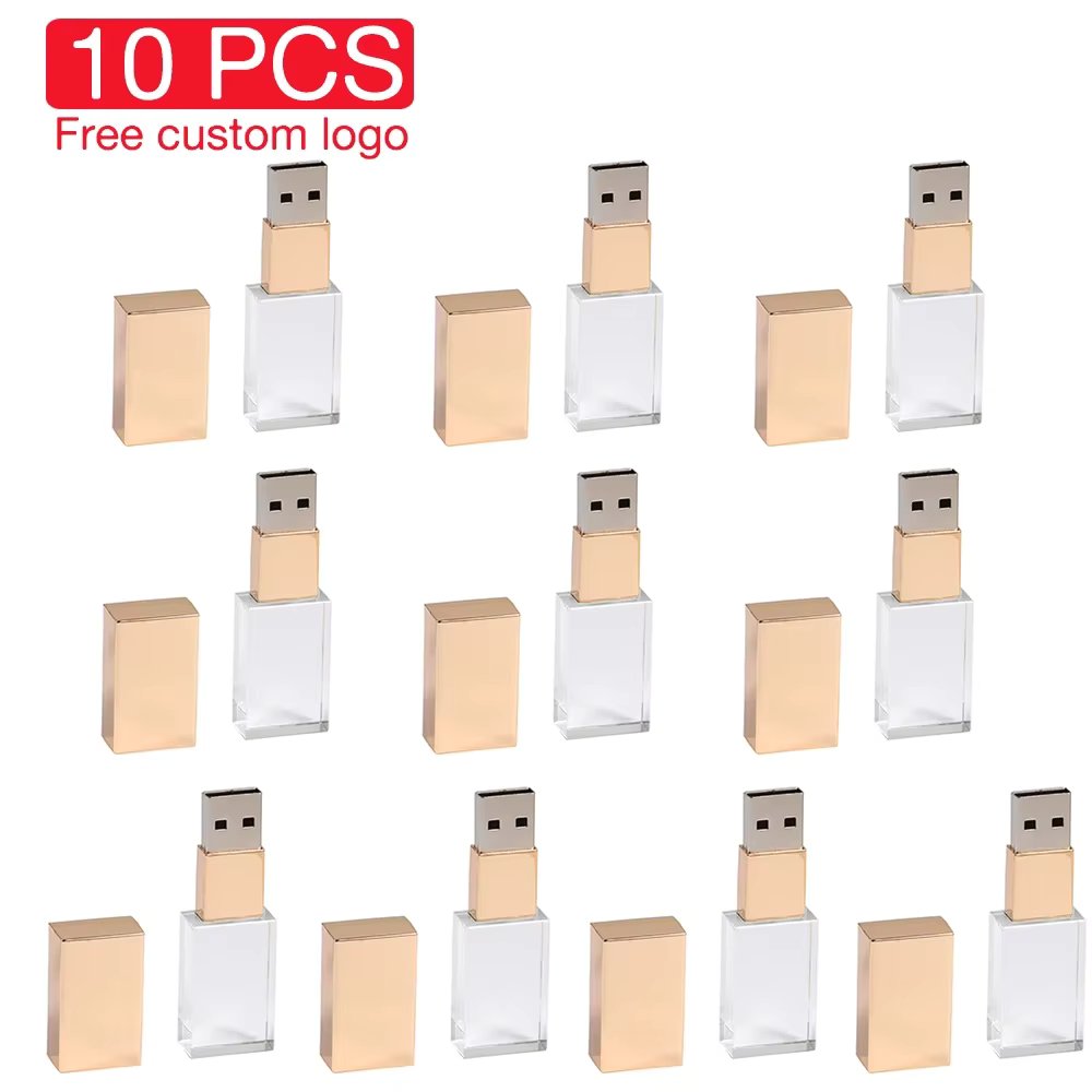 10PCS/LOT Crystal USB 2.0 Wedding Gift Flash Drives Free Custom Logo Pen Drive 100% Real Capacity Stick 128GB 8GB 16GB 32GB 64GB