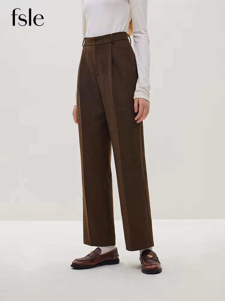 FSLE Classic Commuter Style High-waisted 53.4% Wool Straight Pants for Women 2023 Winter New Retro Thickened Trousers Female
