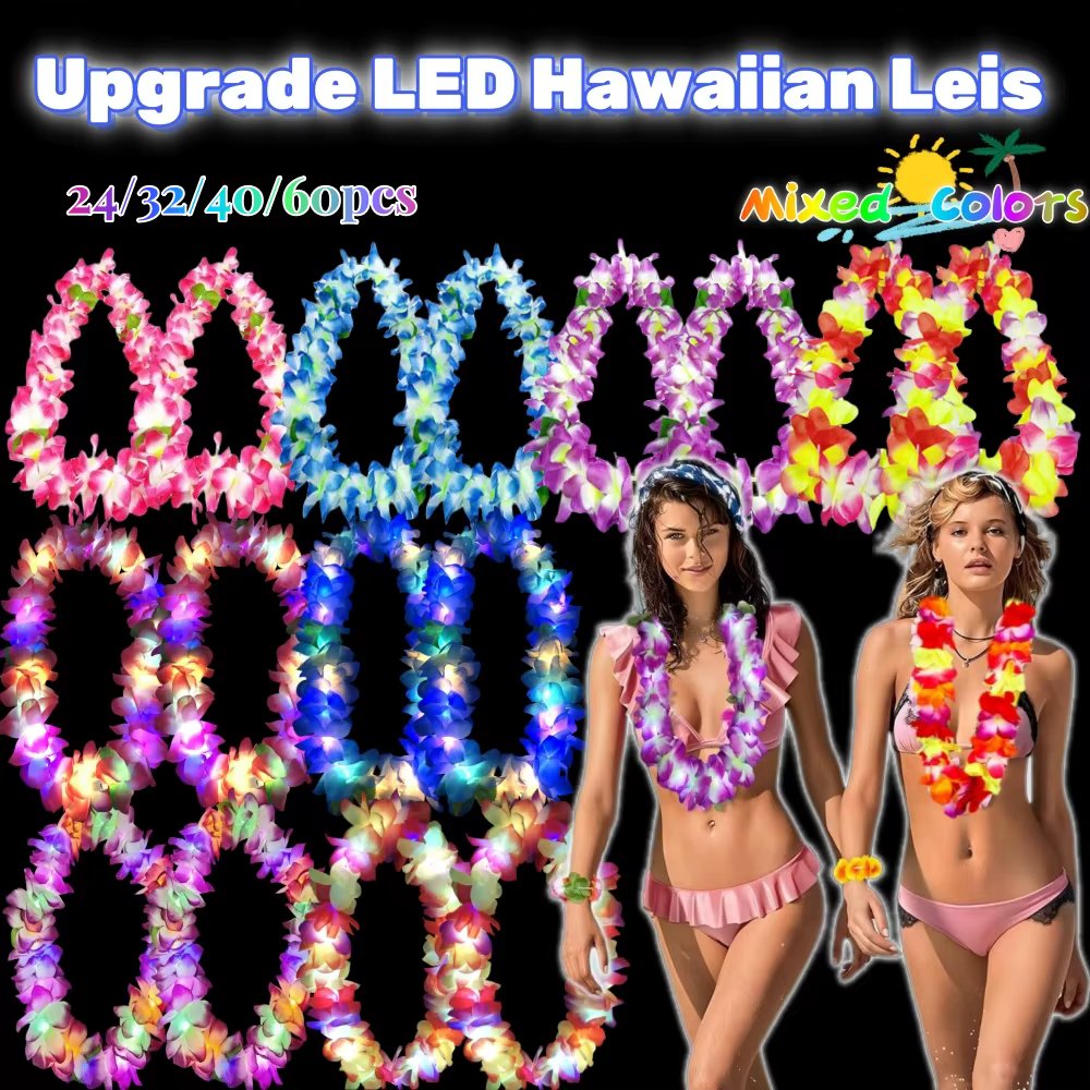 24/32/40/60PCS Upgrade LED Hawaiian Leis Light Up Wedding Glow Necklace Leis Hawaiian Party Leis For Beach Party Themed Supplies