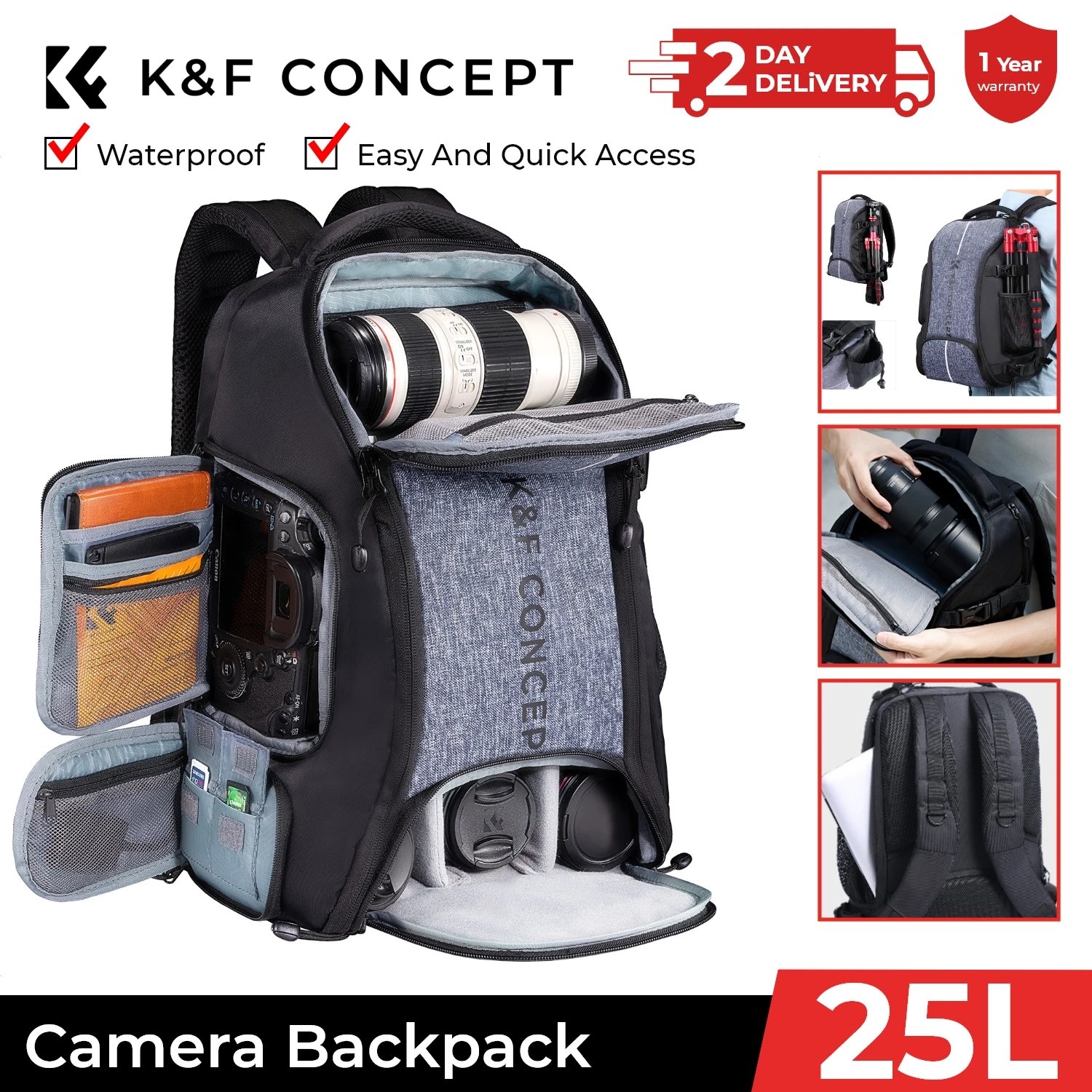 K&F CONCEPT 25L Camera Backpack Travel Shockproof Camera Bag for DSLR/SLR Camera Case 15" Laptop with Tripod Strap Rain Cover