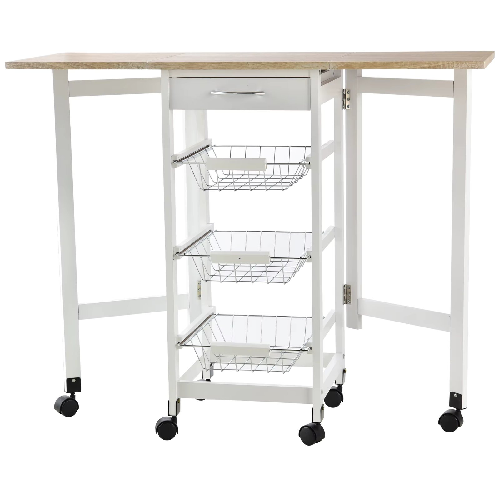 HOMCOM Folding Kitchen Cart Auxiliary Cart with 6 Wheels 1 Drawer and 3 Metal Basket Multi-functional Service Cart for Storage Cargo 50 kg 97,2x37x77,5 cm White and Oak