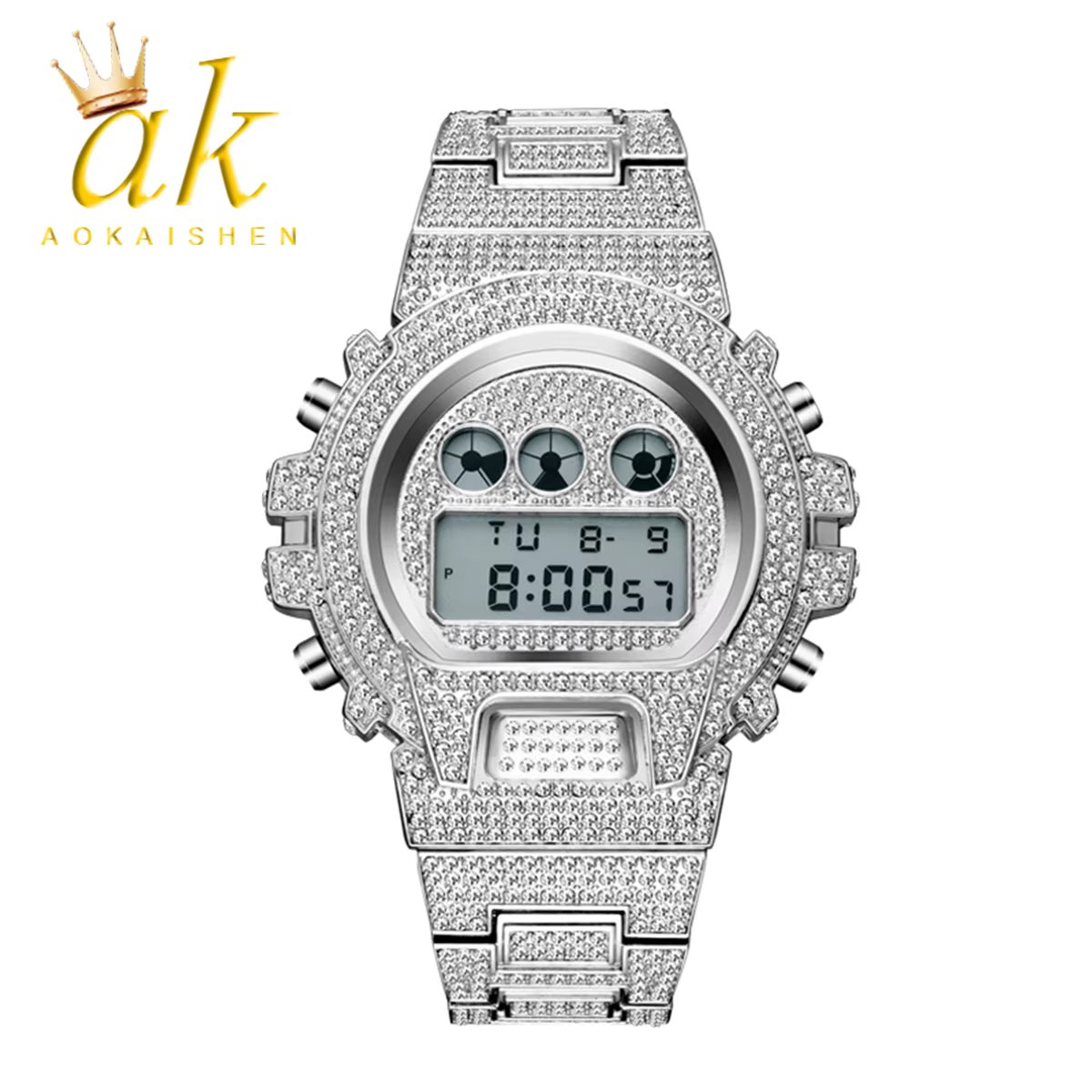 Aokaishen Electronic display Watch for Men Baguette Waterproof Stainless Steel Glossy Strap Hip Hop Jewelry Relogio Masculio