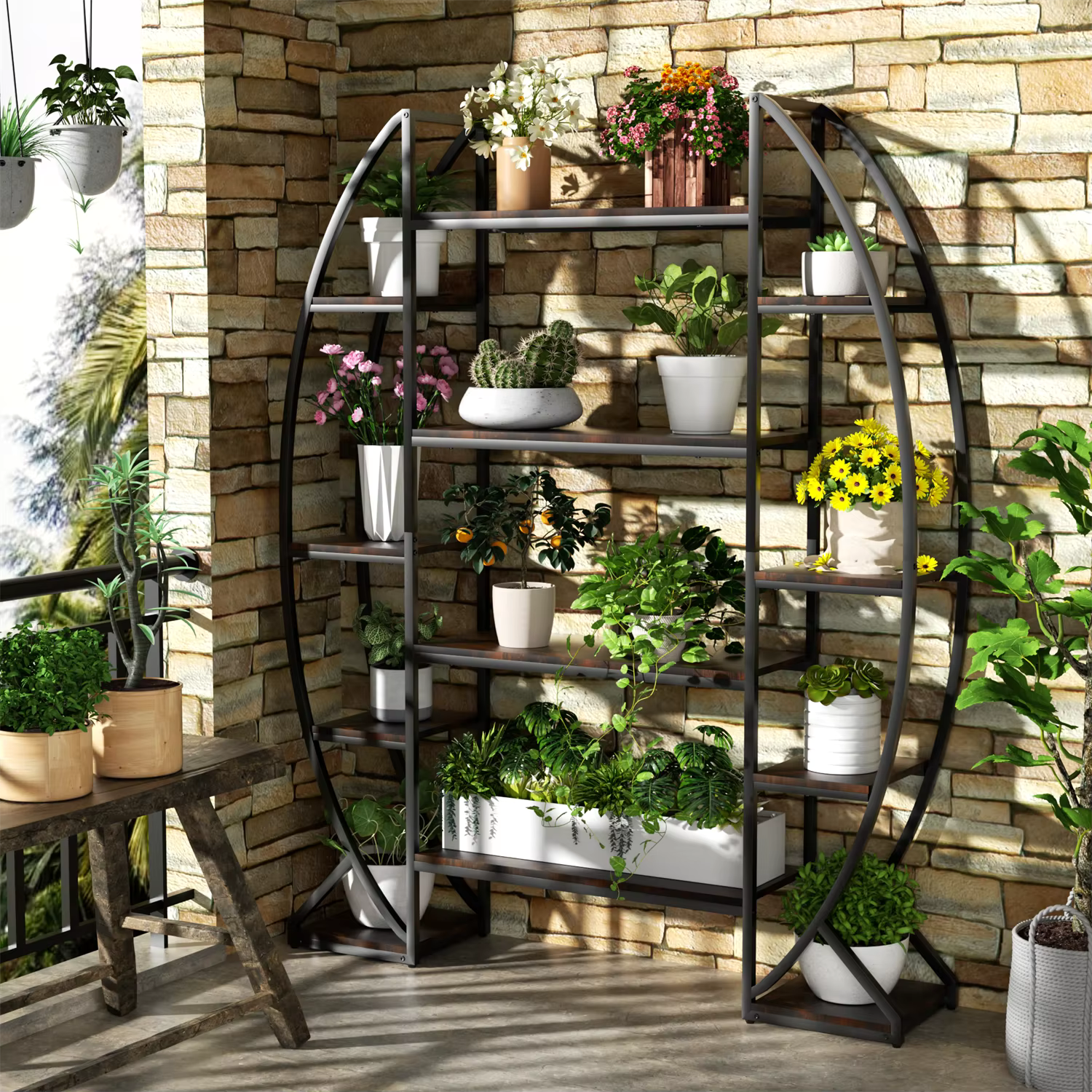 Half-Moon Shape Plant Stand Bookshelf, Multiiter Ladder, Garden Flower Rack for Home Patio Garden , Industrial Style