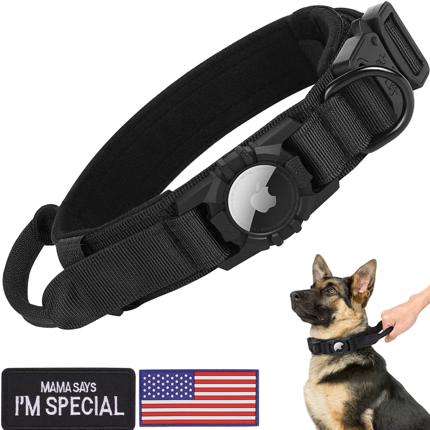 Tactical AirTag Dog Collar, with AirTag Holder and Handle Military Dog Metal Buckle Adjustable GPS Collar for Medium Large Dogs