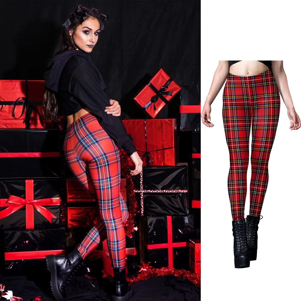 [You're My Secret] 12% Spandex New Year Party Red Tartan 3D Digital Printed Workout Leggings for Women Stretch Pants Trousers