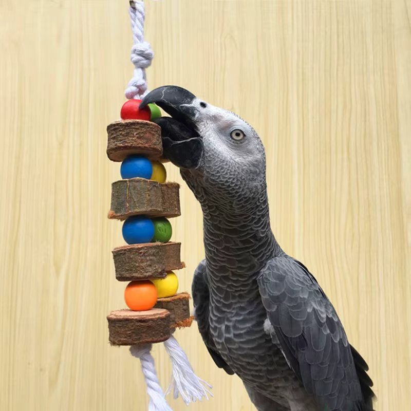 Birds Parrot Colorful String Toy Chew Bite Hanging Cage Balls Natural Wooden Two Ropes Bird Toys Parrot Training Bird Accesorios