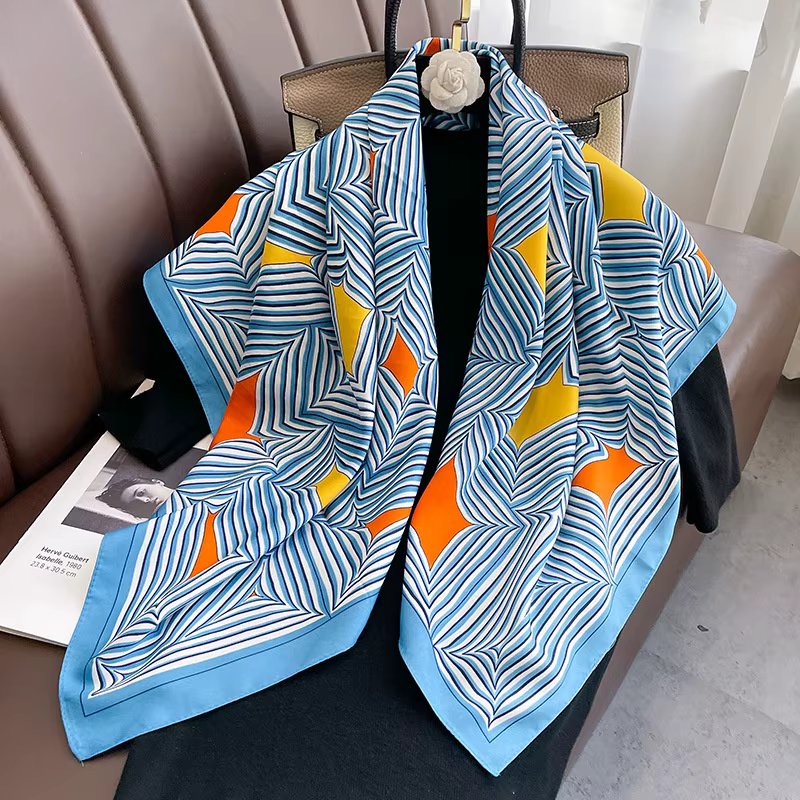 Luxury 90*90cm Square Women Silk Scarf Abstract Striped Print Design Hijabs Female Neckerchief Scarves Wrap Headband Bandana
