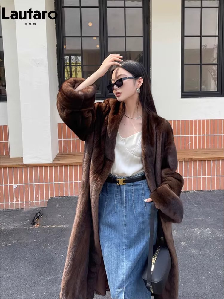 Lautaro Winter Long Vintage Elegant Luxury Chic Thick Warm Soft Brown Fluffy Faux Mink Fur Coat Women V Neck Furry Overcoat 2023