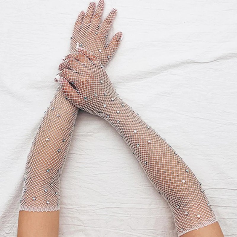 Black White Red Long Mesh Gloves With Rhinestones Hollow Fishing Net Women Gloves Finger Fancy Cosplay Fishnet Gloves