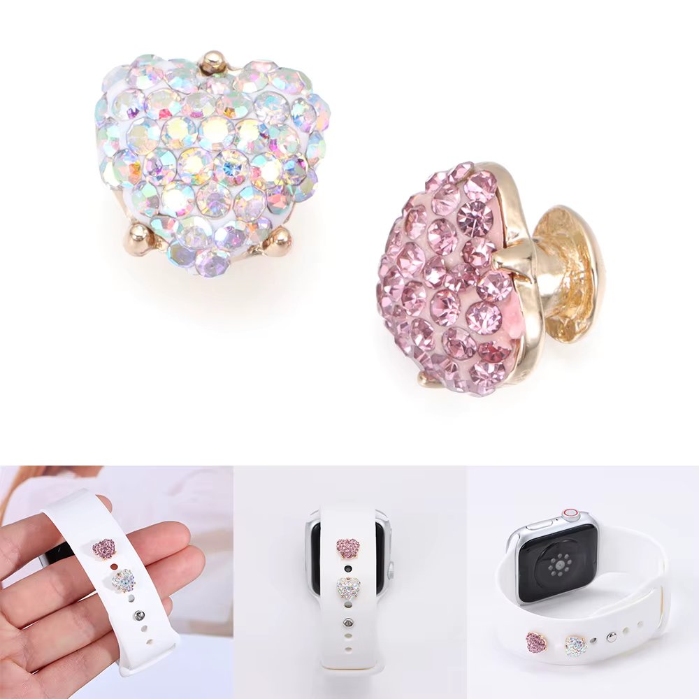 Metal Decorative Ring For Apple Watch Band Diamond Bow Heart Ornament Wristbelt Charms Bracelet Diamond Silicone Strap Nails