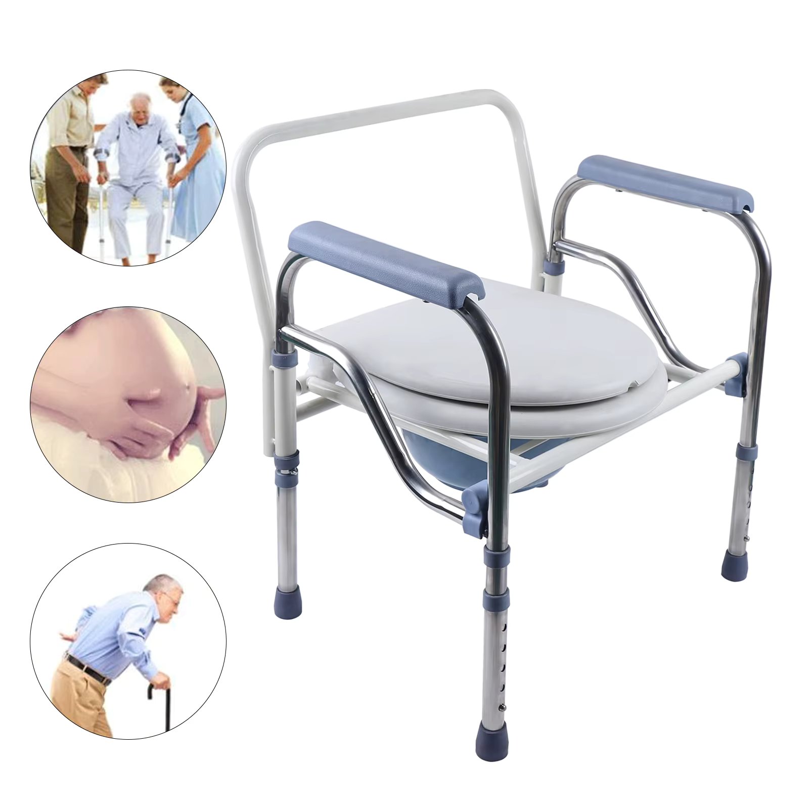 Folding Height Adjustable Commode Chair Stainless Steel Toilet Chair with Bucket Lid Armrests for Disabled Elderly