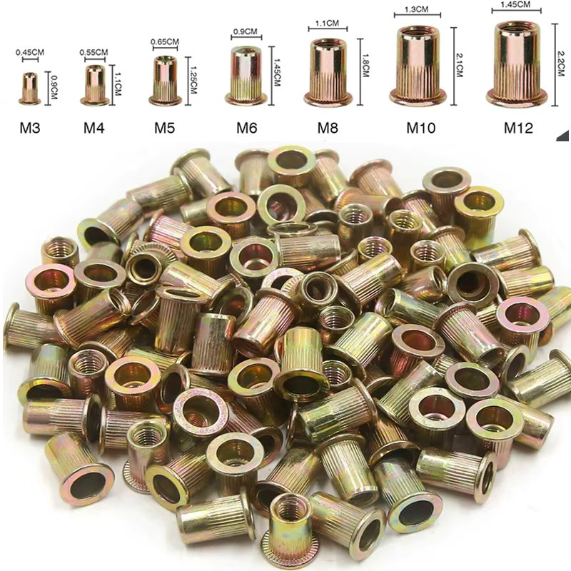 10/20/50PCS Threaded Rivet Nuts Blind Nuts Set Flat Head Insert Rivet Nuts Cap Carbon Steel Rivnuts Tools Kit M3/4/5/6/8/10/12