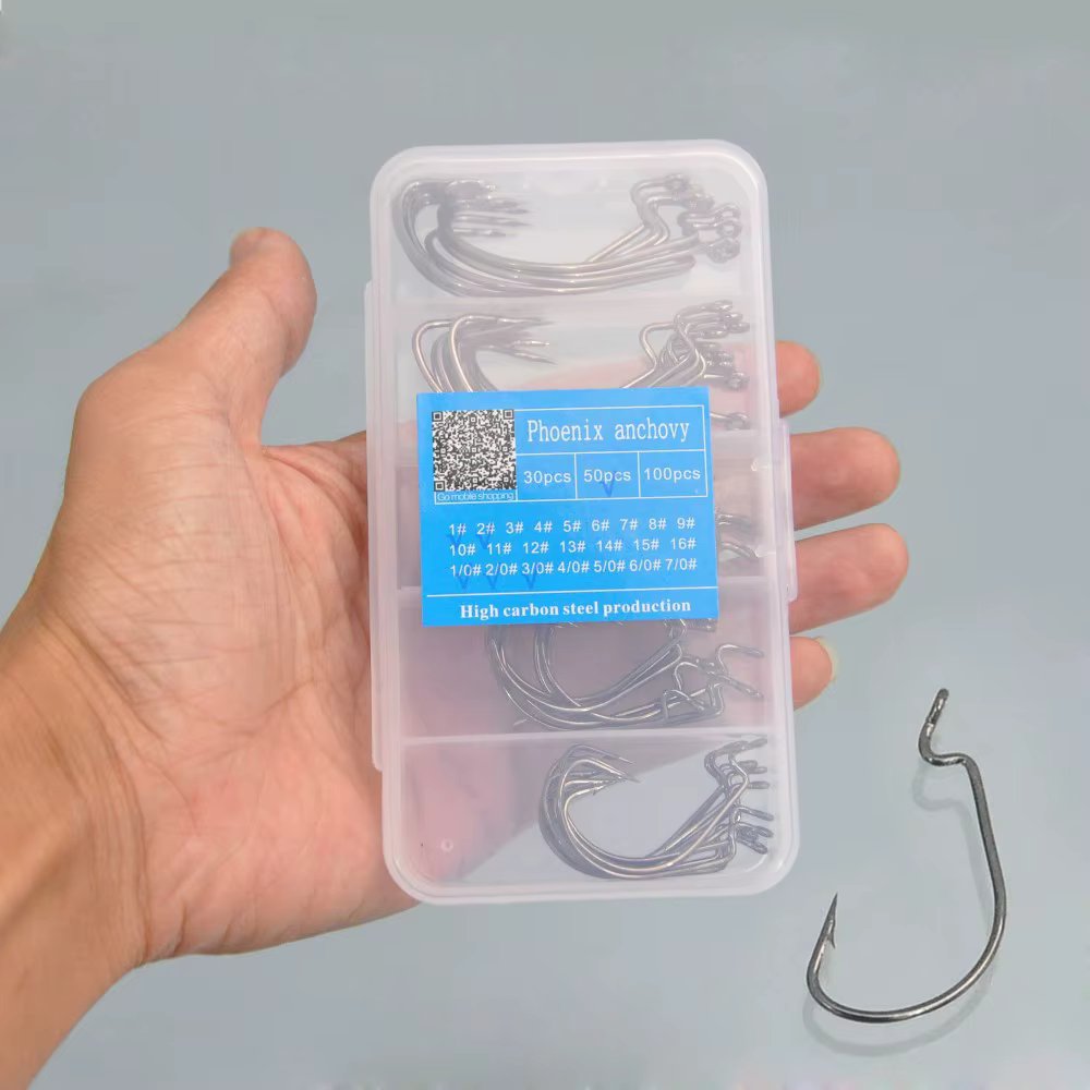 50pcs/Box Wide Crank Fishing Hooks Carbon Steel Offset Fishhook Carp Fishing Bass Barbed  Hook 6#-5/0# For Soft Worm Lure