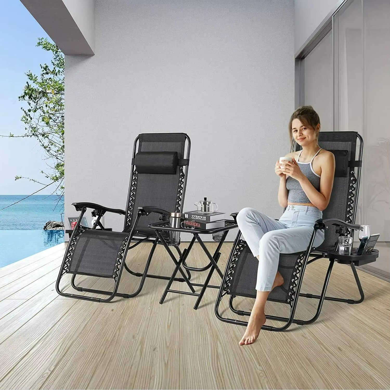 Garden Sun Lounger Set with Table Folding Adjustable Zero Gravity Recliner Chair Seat Indoor/Outdoor