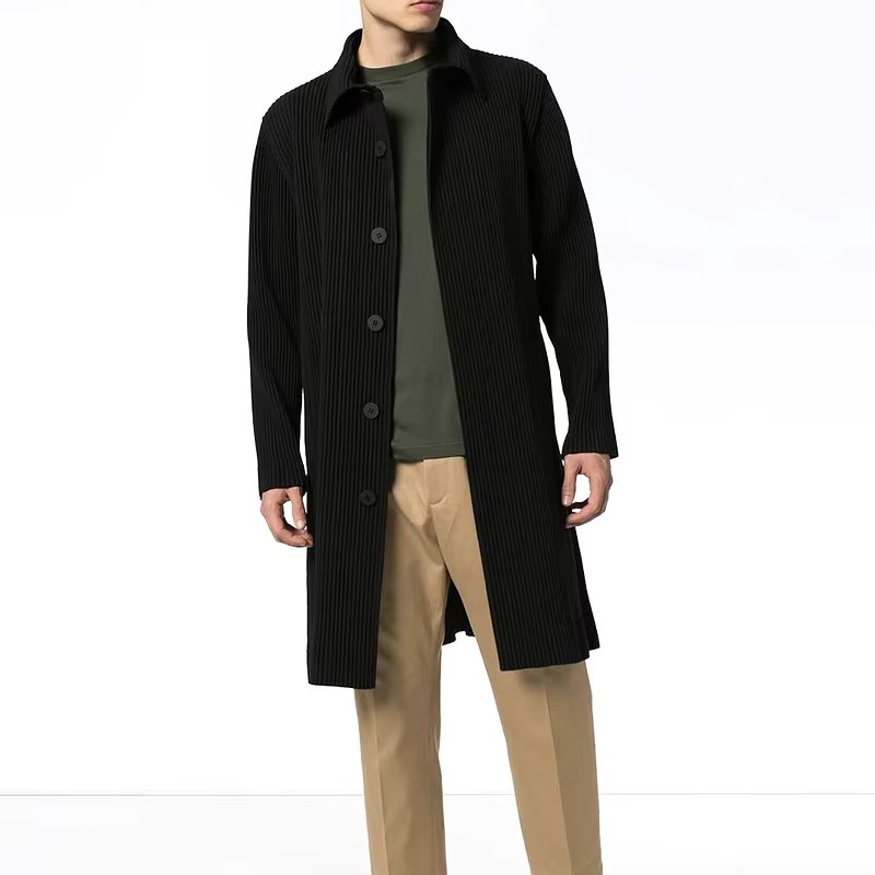 HOT SELLING Miyake fold  Style men CASUAL long sleeve small turndown collar Single-breasted Thick Windbreaker IN STOCK