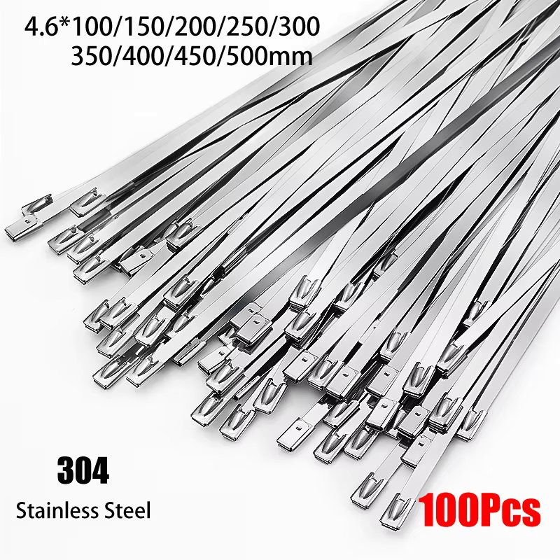100Pcs 304#Stainless Steel Metal Cable Ties With Self-locking 4.6mm Antioxidant Multifunctional Locking Cable Ties