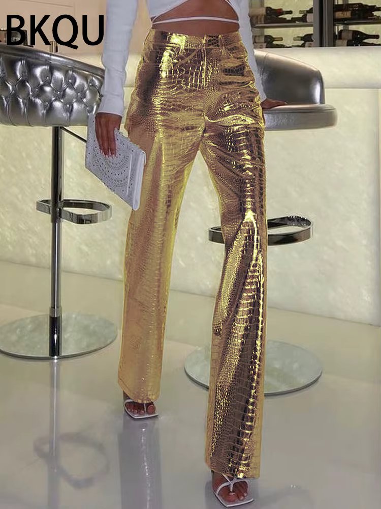 BKQU Gold Sliver Leather Straight Wide Leg Pants for Women 2024 Fashion Streetwear High Waist Scale Leather Party Club Trousers