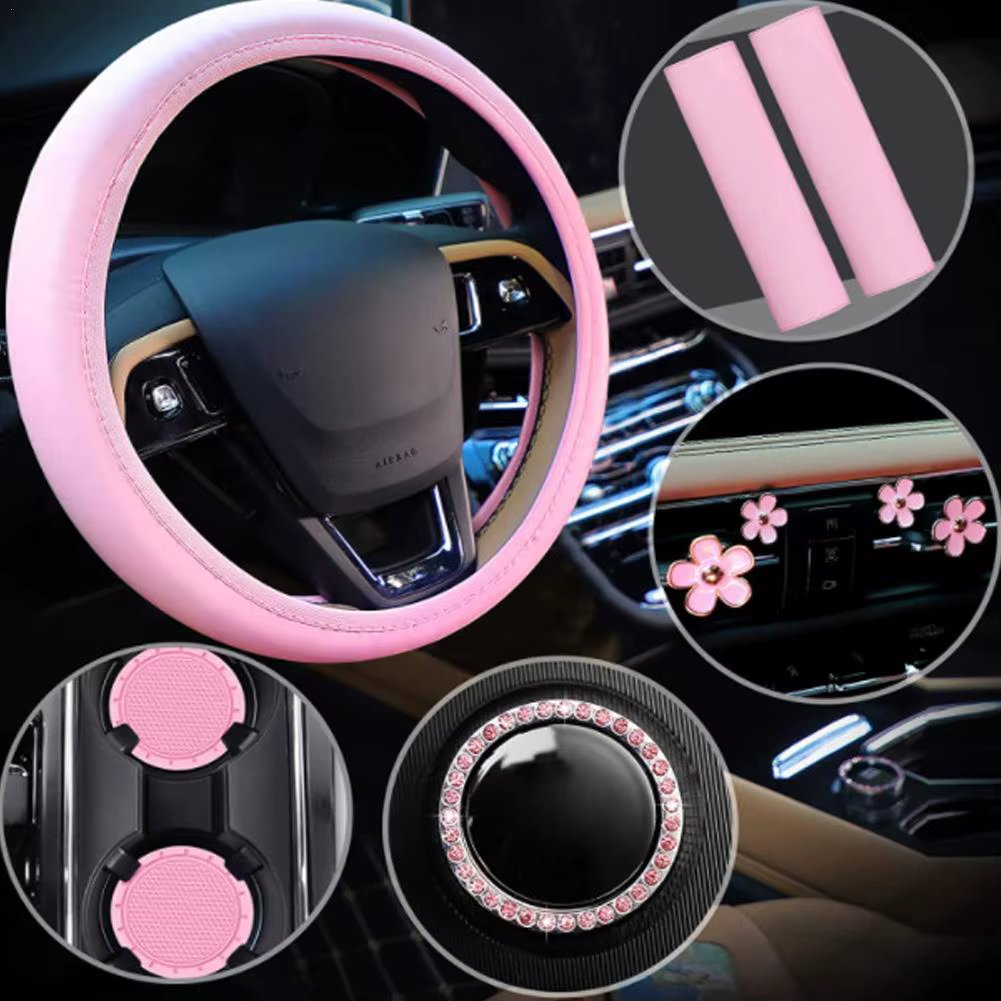 10Pcs Leather Steering Wheel Cover For Women Cute Car Accessories Set With Seat Belt Shoulder Pads Cup Holders Car Decorations