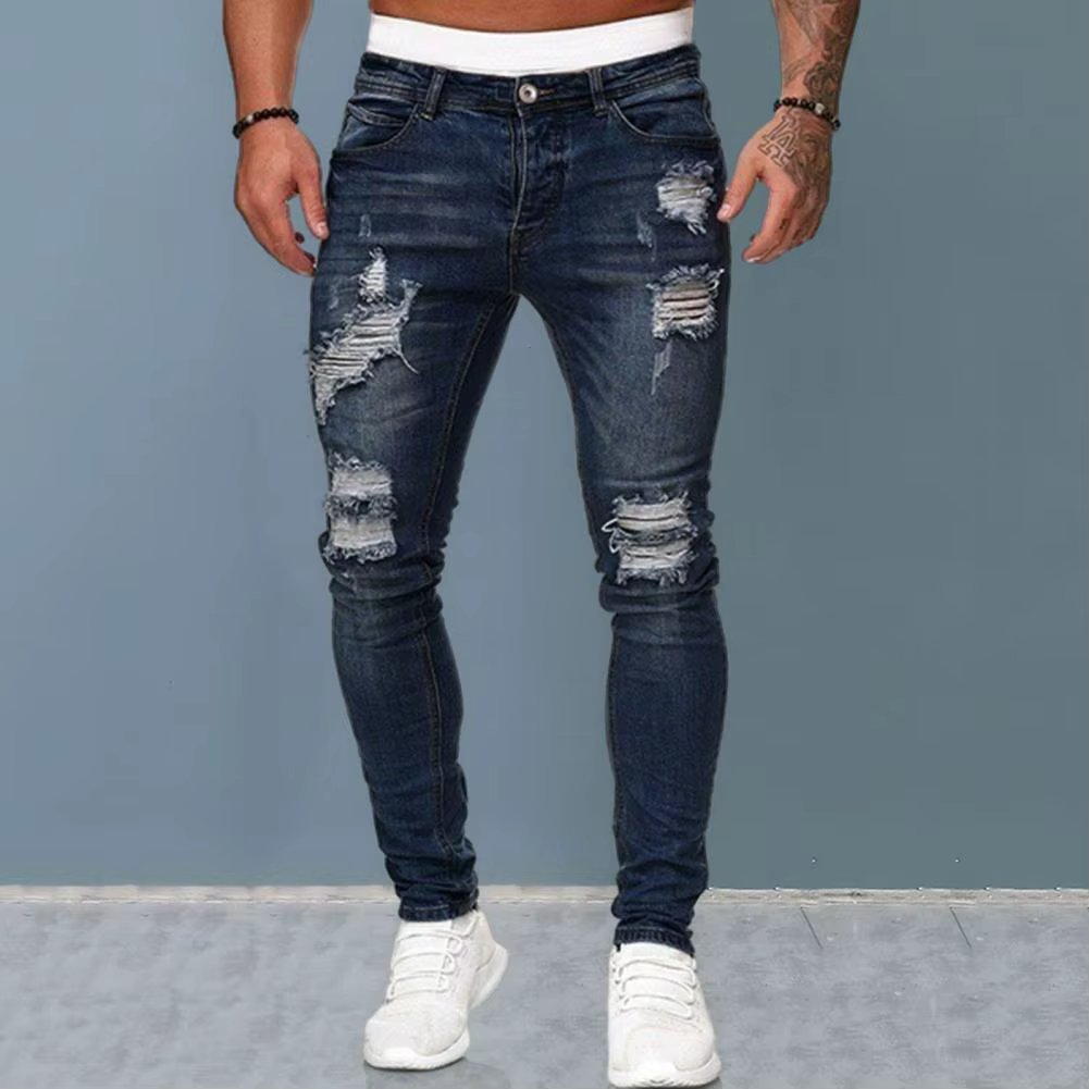 Skinny Jeans for Men ​Painted Stretch Slim Fit Ripped Distressed Pleated Knee Patch Denim Pants Brand Casual Trouser Male