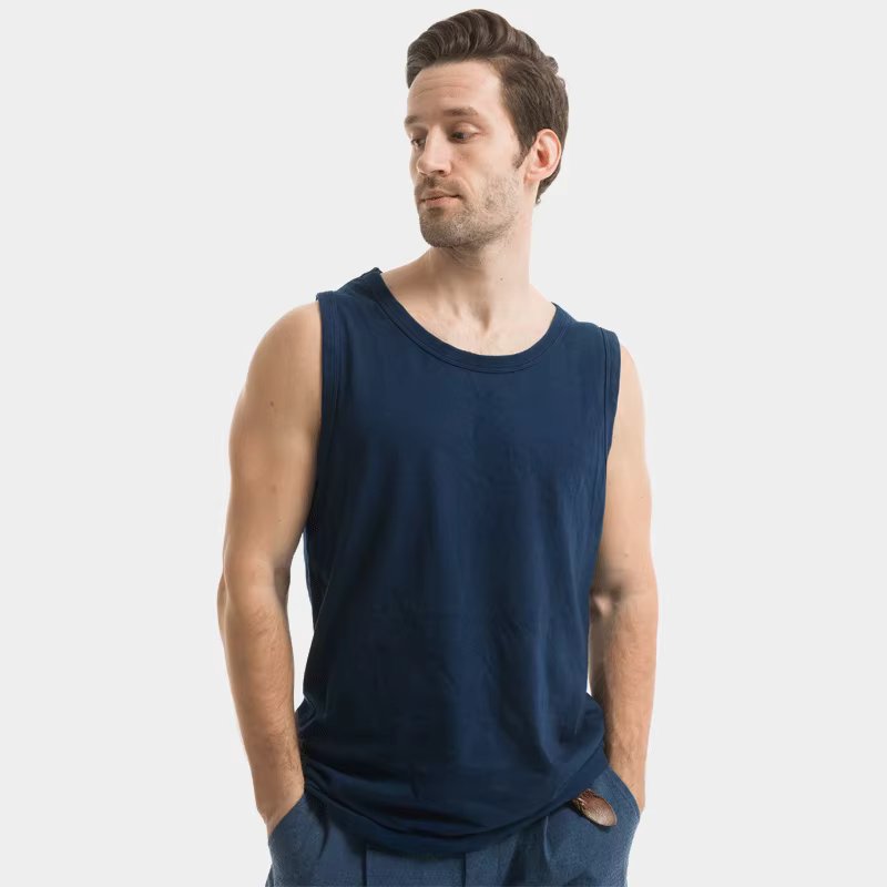 BADBOWL High Quality Cotton Retro Indigo Vest Men Handmade Plant Blue Dyeing Tank Tops O-Neck Sleeveless Tees Casual Streetwear