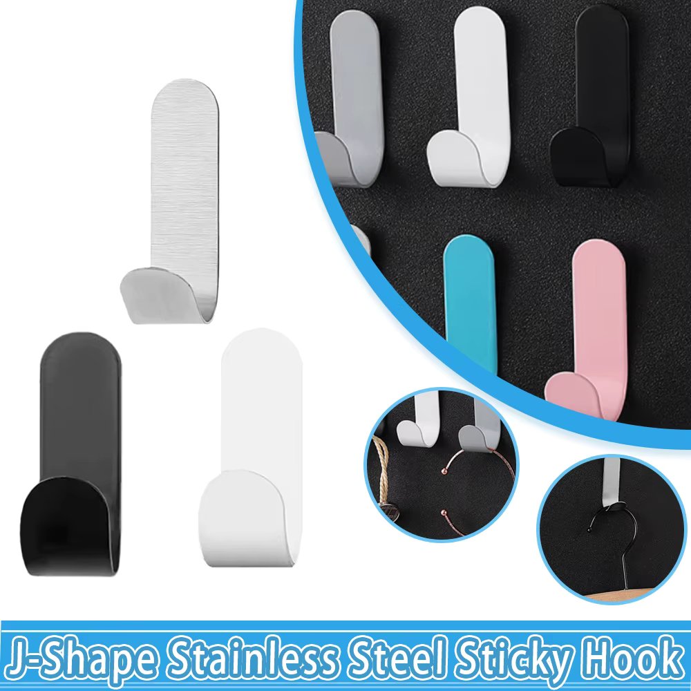 5Pcs J-type Hook Stainless Steel Strong Adhesive Punch Free Hook Wall Finishing Household Clothing Bedroom Kitchen Bathroom Tool
