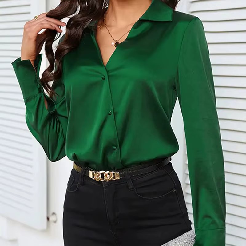 Trend Fashion Women Casual Elegant Satin Long Sleeved Shirt Office Women's Shirts And Blouses Slim Femal Clothes Green Like Silk