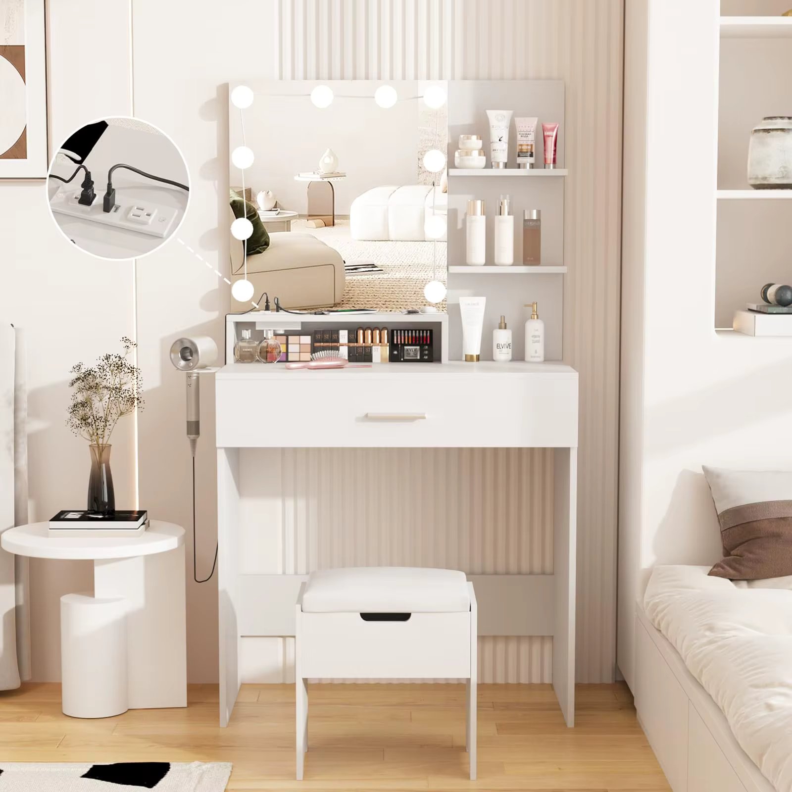 Vabches Vanity Makeup Desk with Lights Mirror Vanity Set with Power Outlet&Storage Stool 3 Lighting Modes Vanity Table Furniture