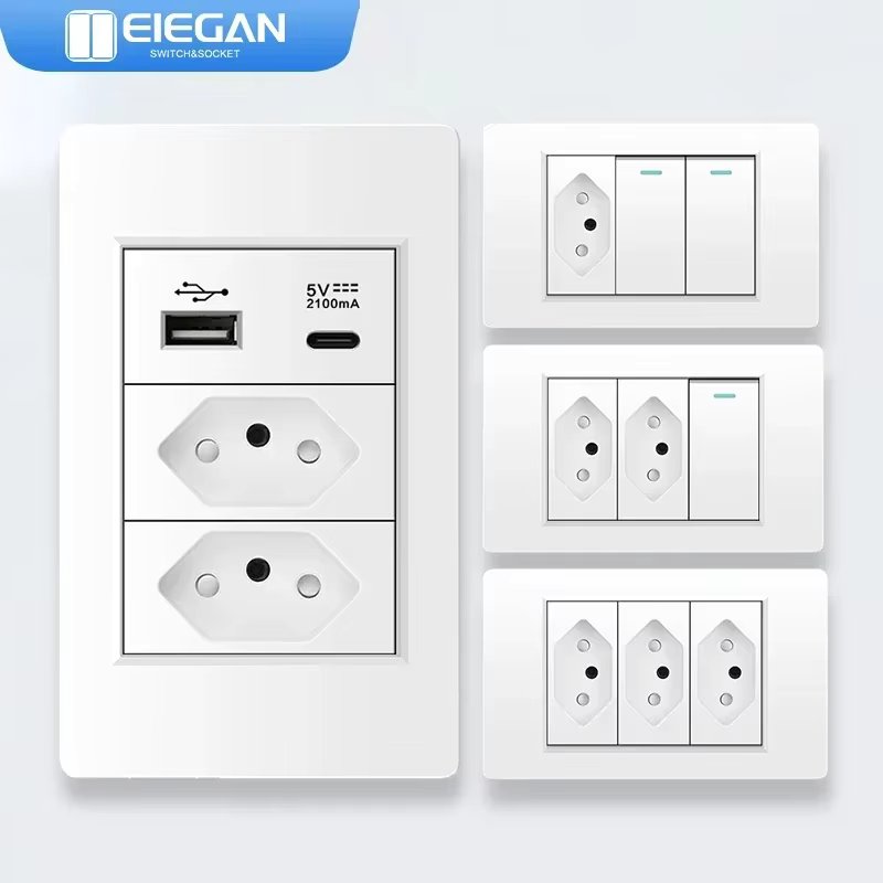 ELEGAN White Brazil Fireproof PC Panel Standard Outlet Double USB Type C Wall Power Socket Light Switch Office 118*72mm 10A 20A