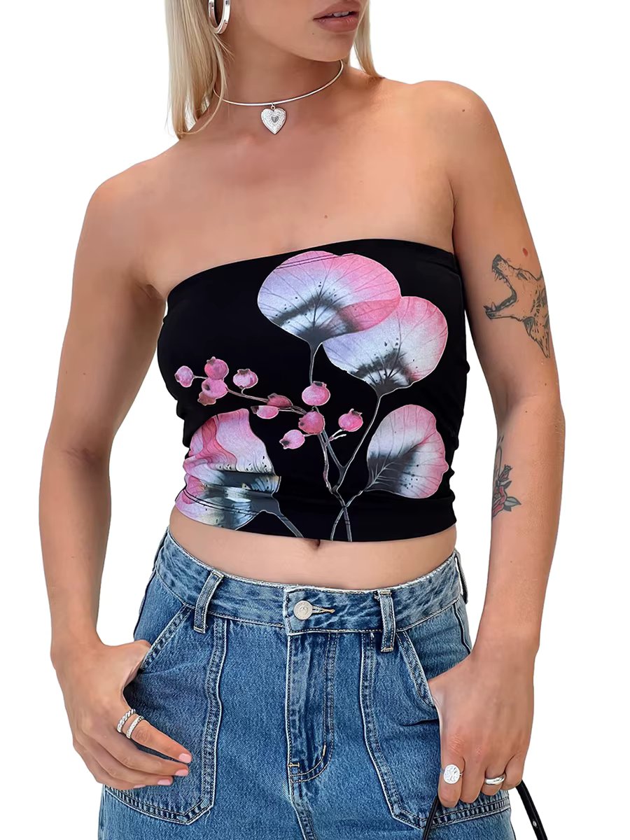 Women s Summer  Tube Tops Floral Pattern Bandeau Show Navel Crop Corset Vest