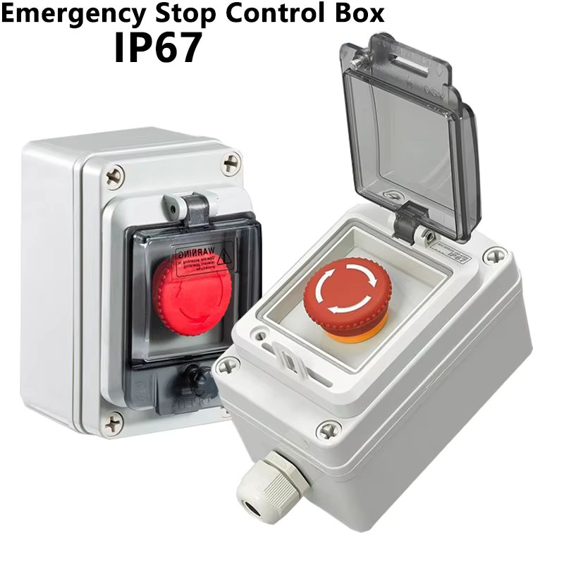 Emergency Stop Control Box Outdoors Button Switch Cassette Tape Protect Shield Waterproof Urgent Stop Button Control Box Ip67