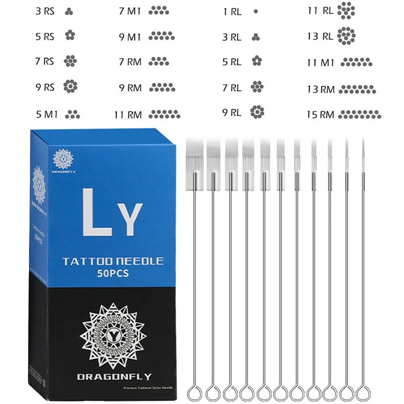 50PCS/Box Disposable Assorted Sterilized Tattoo Needles Round Liner 1RL 3RL 5RL 7RL 14RL for Microblading Machine Gun Grip Tips