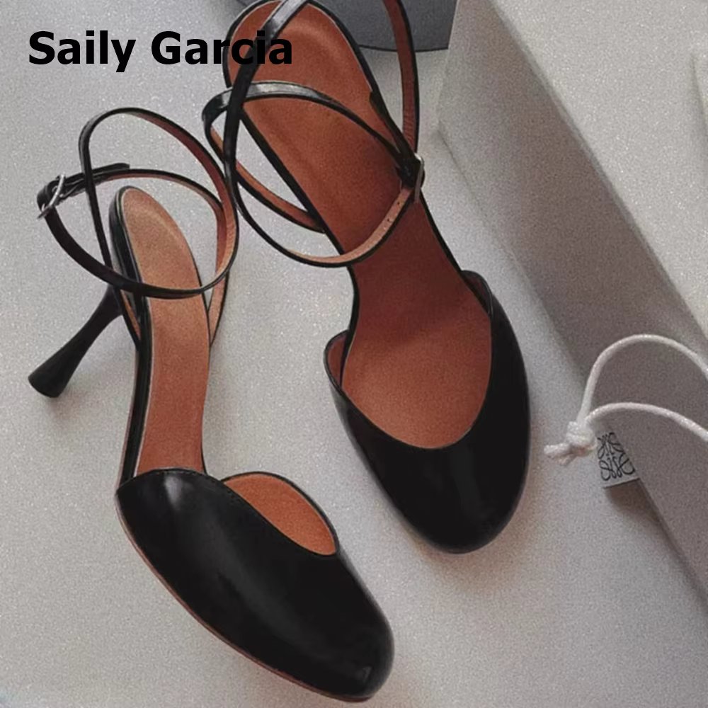 Black Round Toe Microfiber Leather Buckle Strap Pumps Shallow Cross Belt Sexy Sandals 2023 New Design Stiletto High Heels Shoes