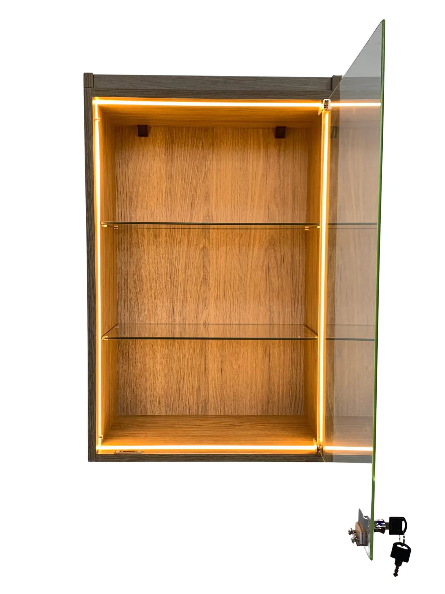 Super Led Cinnamon Oak Glass Shelf Hanging Showcase