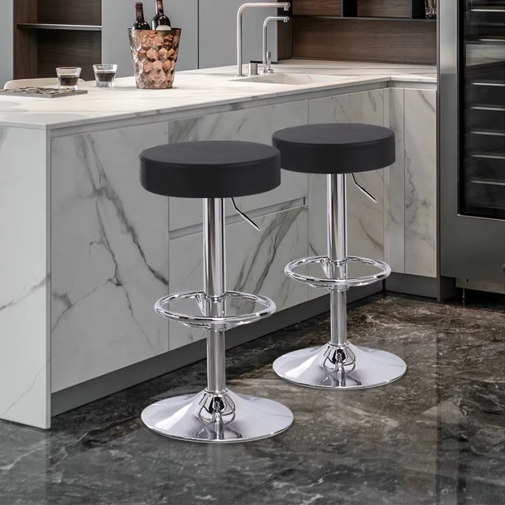 Round Bar Stools Set of 2 Adjustable Counter Height Stools Faux Leather Modern Backless Barstools with Footrest