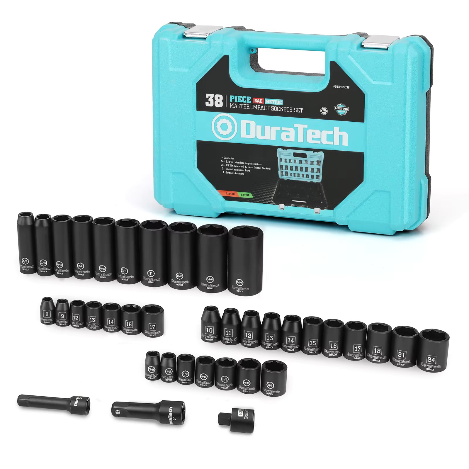 DURATECH 1/2" & 3/8" Drive Impact Socket Set, 38-piece Socket Set, Metric/SAE Sockets with Extension Bars
