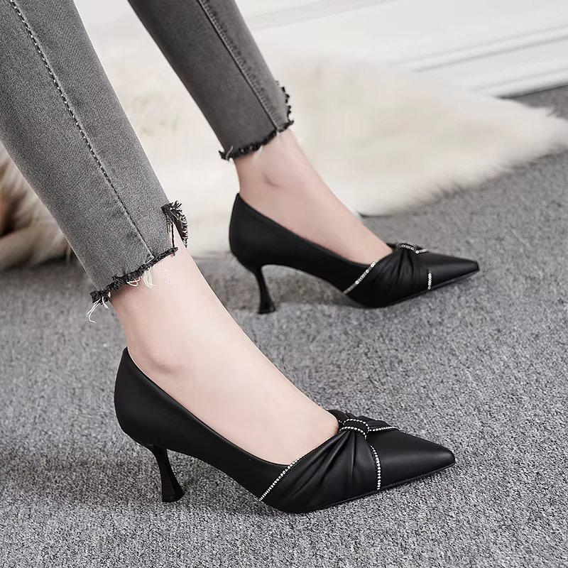 Women Elegant 7cm High Heels Pumps Lady Party Black Beige Stiletto Rhinestone Bow Knot Pumps Wedding Bridal Luxury Party Shoes