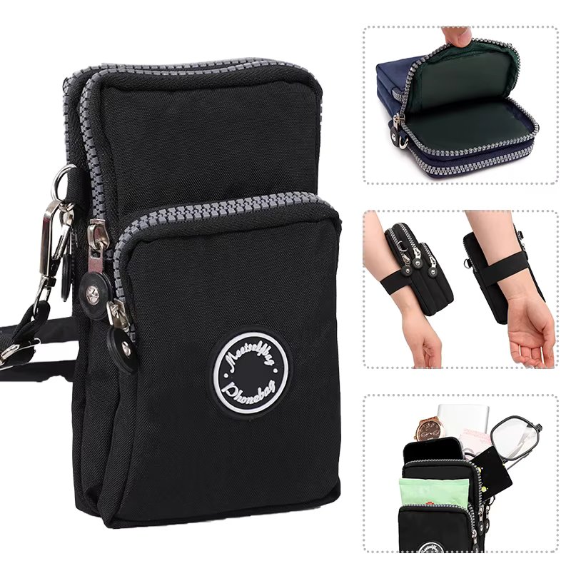 Multifunctional triple zipper nylon ladies crossbody bag portable daily running arm bag hundred shoulder cell phone bag