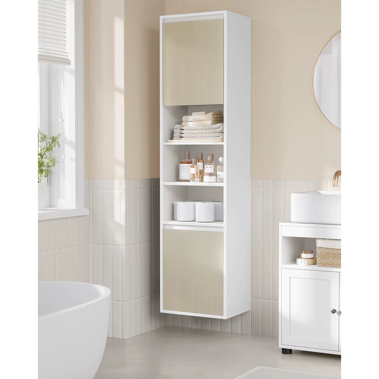 VASAGLE Bathroom Cabinet Wall-Mounted, Adjustable Door Swing Direction, 7 Compartments, 3 Adjustable Shelves, 30 x 40 x 160 cm
