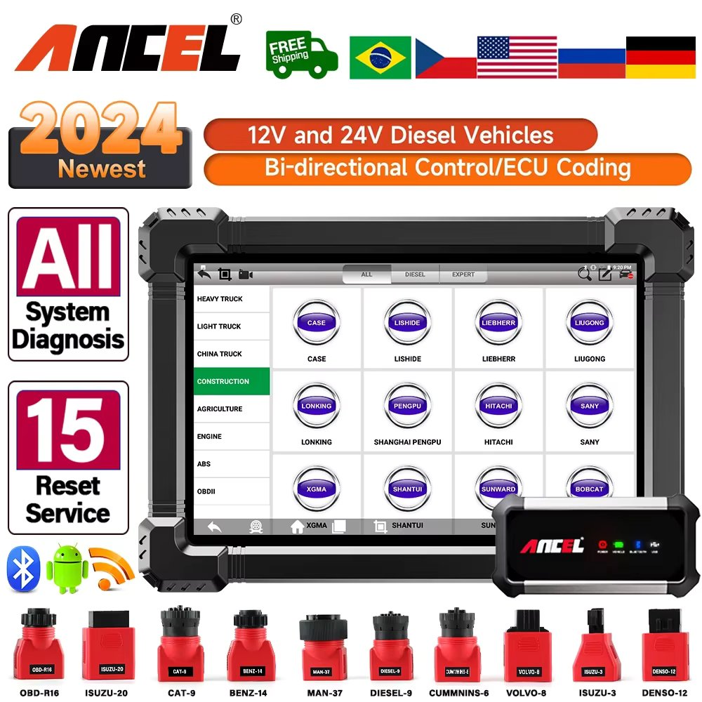 2025 Ancel X7 HD Diesel Heavy Duty Truck Diagnostic Tool ECU Oil Reset Bi-directional 24V 12V All System OBD2 Truck Scanner