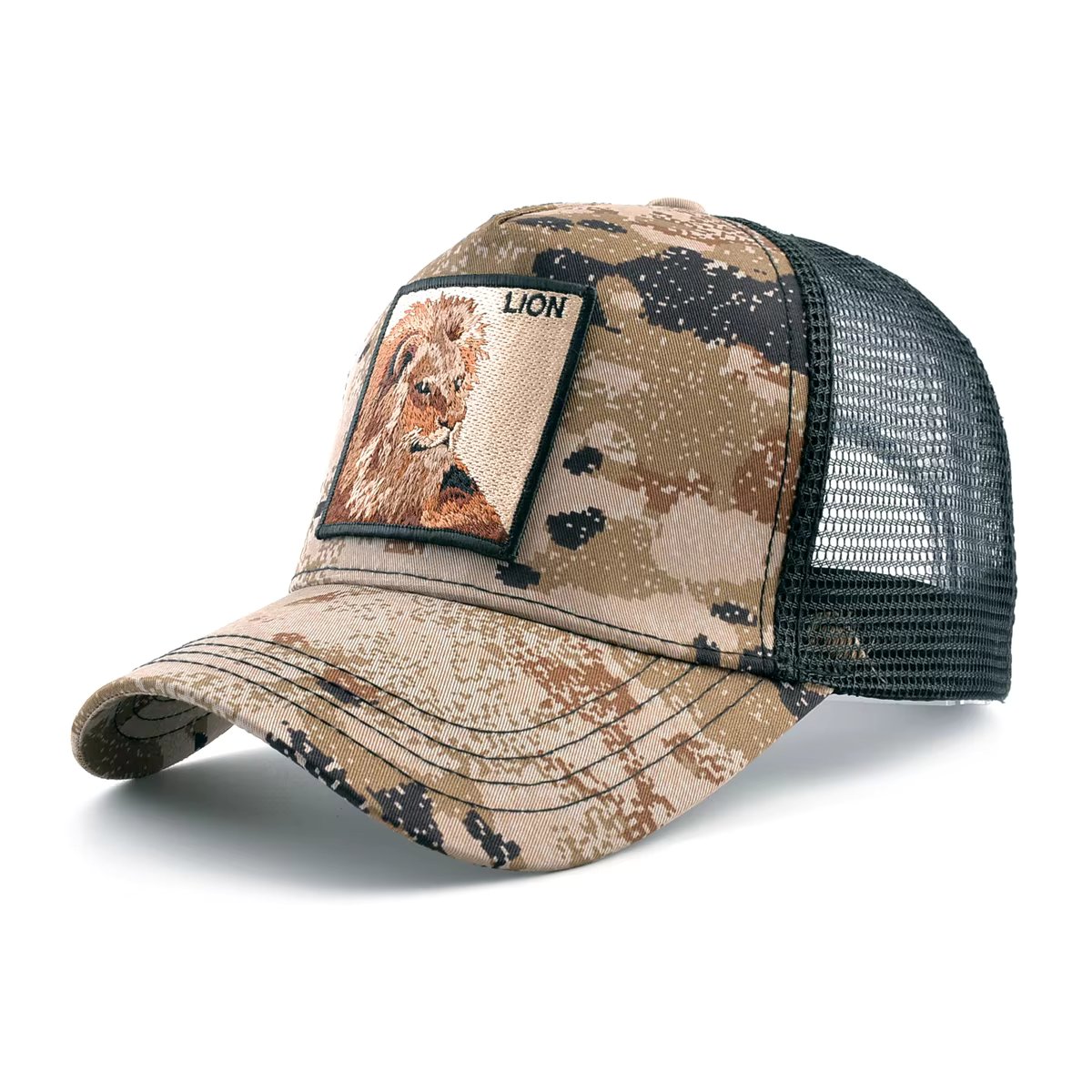 Camouflage Trucker Cap With Embroidery Lion Patch Snapback Baseball Cap For Men Women Adjustable Mesh Visor Hat