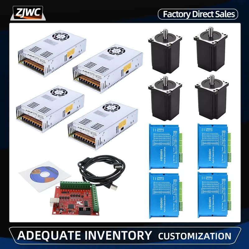 1/3/4Kit 4.5/8.5/12N.m Nema34 Closed Loop Motor+HBS86H Driver+400W60V Power Supply+4 Axis USB Control Board For CNC Machine