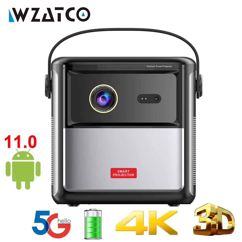 WZATCO S90 Max Projector 3D 4K Cinema Android 11.0 WiFi Mini Portable 1080P Home Theater Video DLP Projector Beamer with Battery