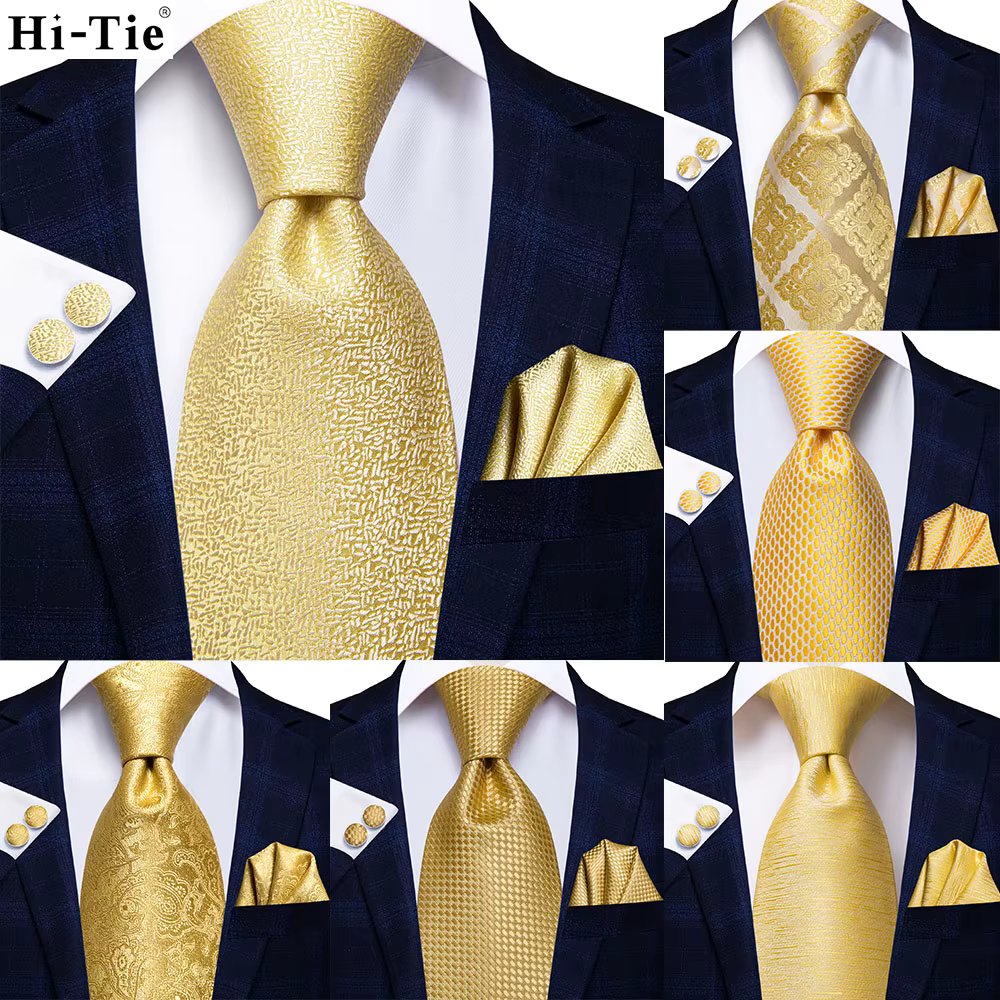 Hi-Tie Yellow Gold Solid Paisley Silk Wedding Tie For Men Hanky Cufflink Gift Men Necktie Gravata Set Business Dropship Designer