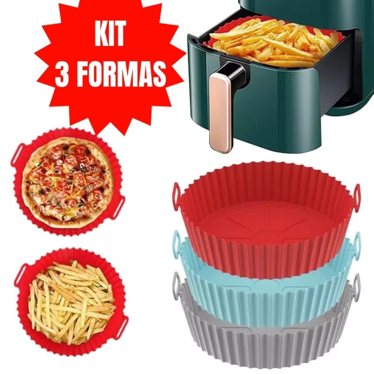 Kit 3 Round Shapes Baking Machine For Air Fryer In Flexible Washable Silicone