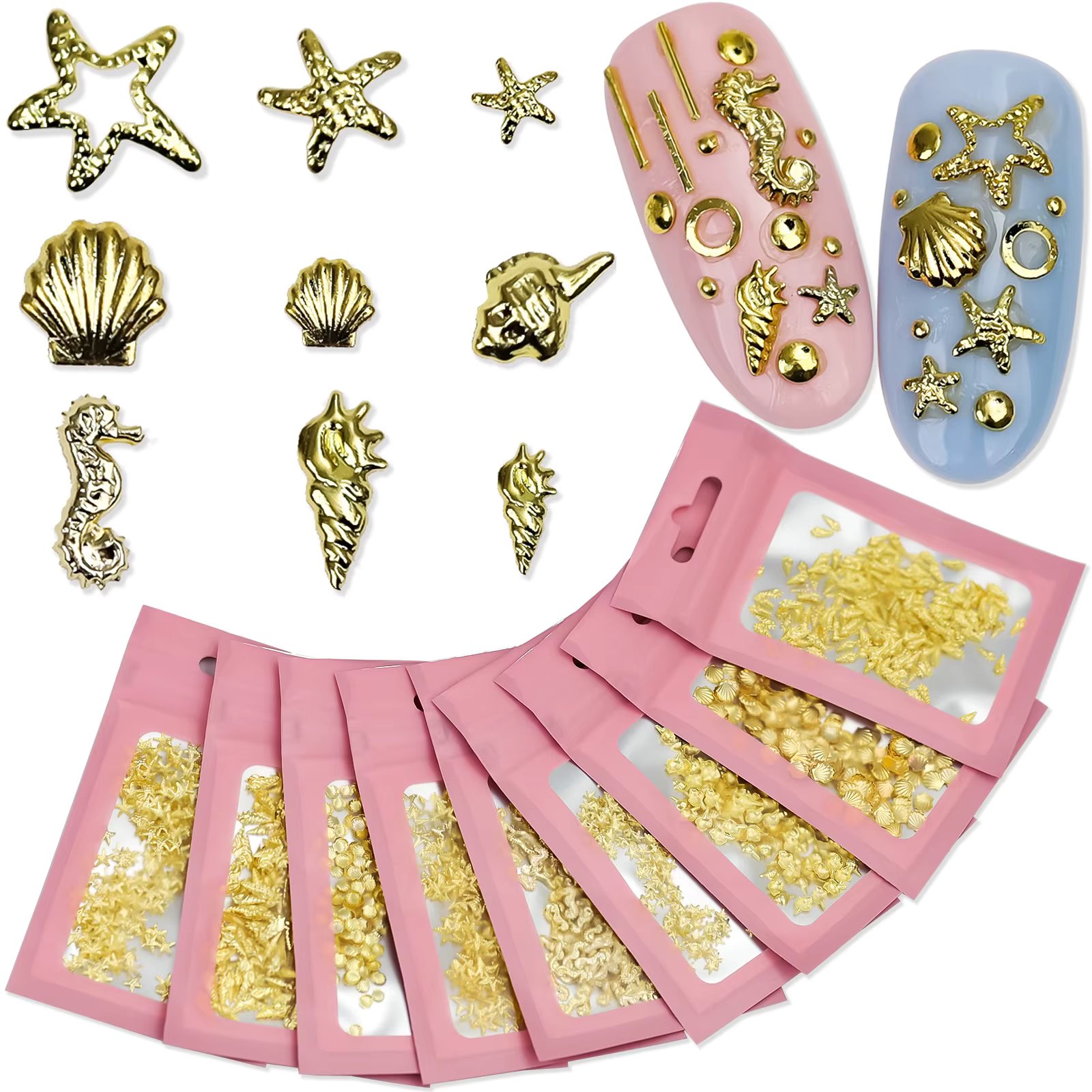 200PCS/Pack Metal Shell Nail Charms Kawaii Accessories Starfish Hippocampus Conch Designs For 3D Nails Art Decoration Supplies