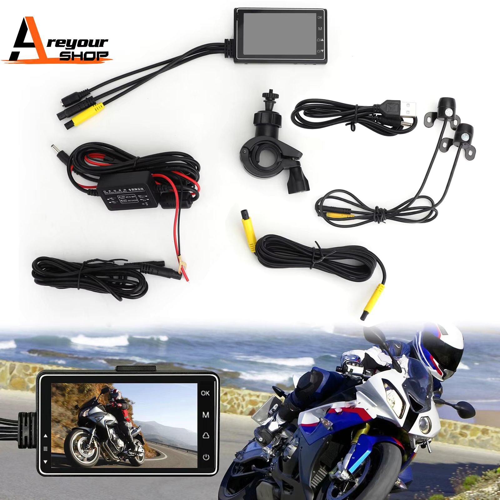 Motorcycle DVR Video Recorder+1080P Full HD Front Camera and Rear View Camera