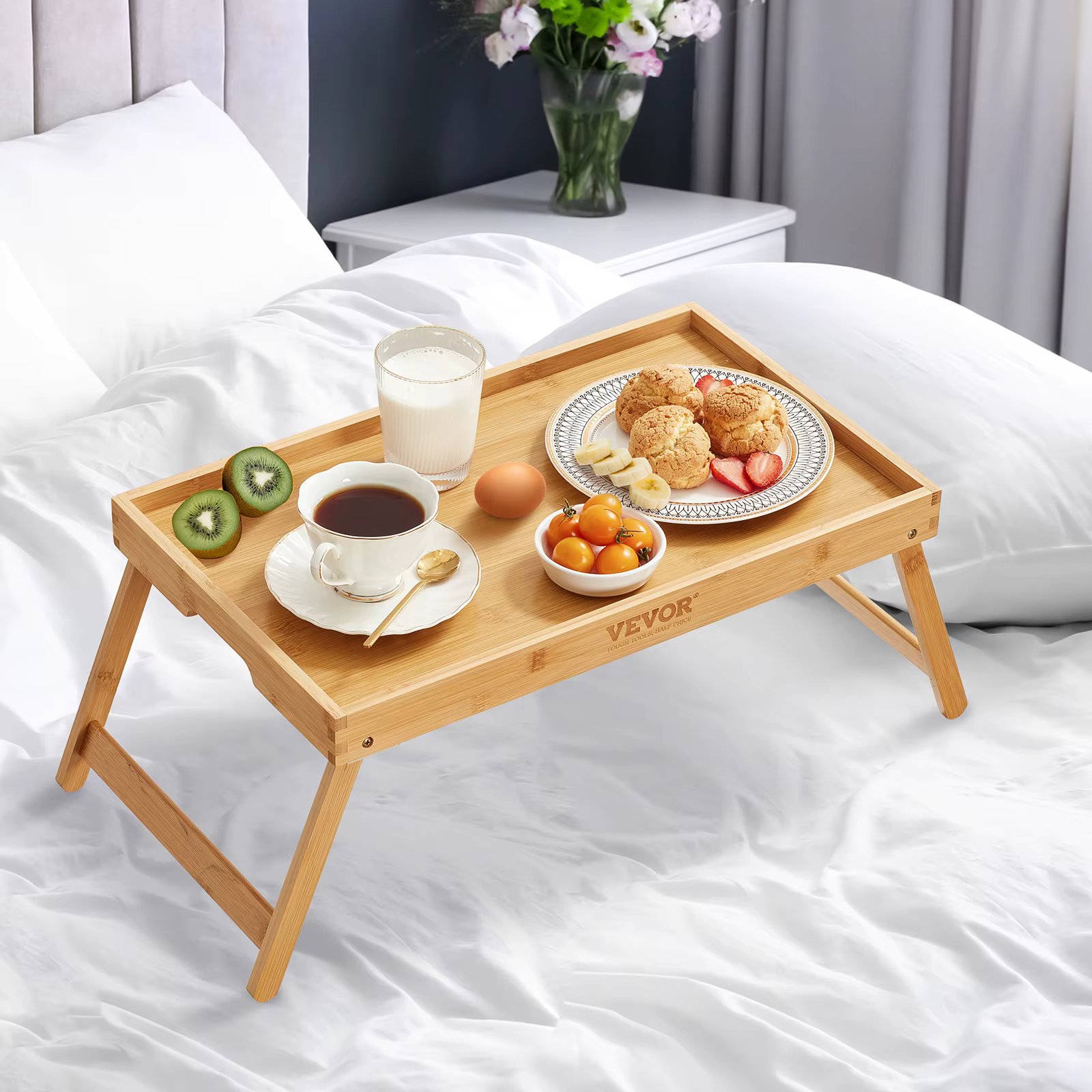 VEVOR Bamboo Breakfast Tray with Folding Legs for Sofa Bed Eating Snacking & Working Bed Tray Adjustable Serving Laptop Desk