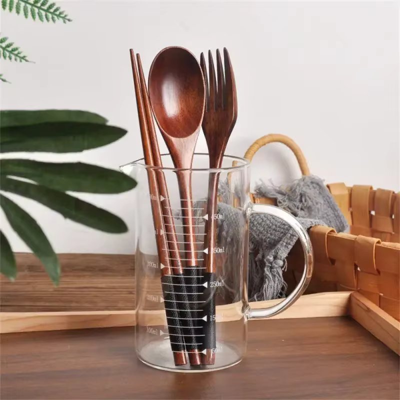 Korean wooden dishwasher fork spoon chopsticks 3 kinds set, solid wood long handle spoon chopsticks portable dishwasher