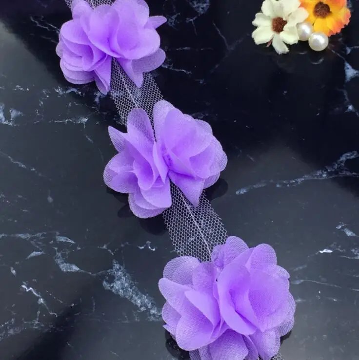 1 YD Multicolor Flowers 3D Petals Chiffon Leaves Trim Wedding Dress Bridal Lace Fabric Doll Children's Clothing Applique Sewing