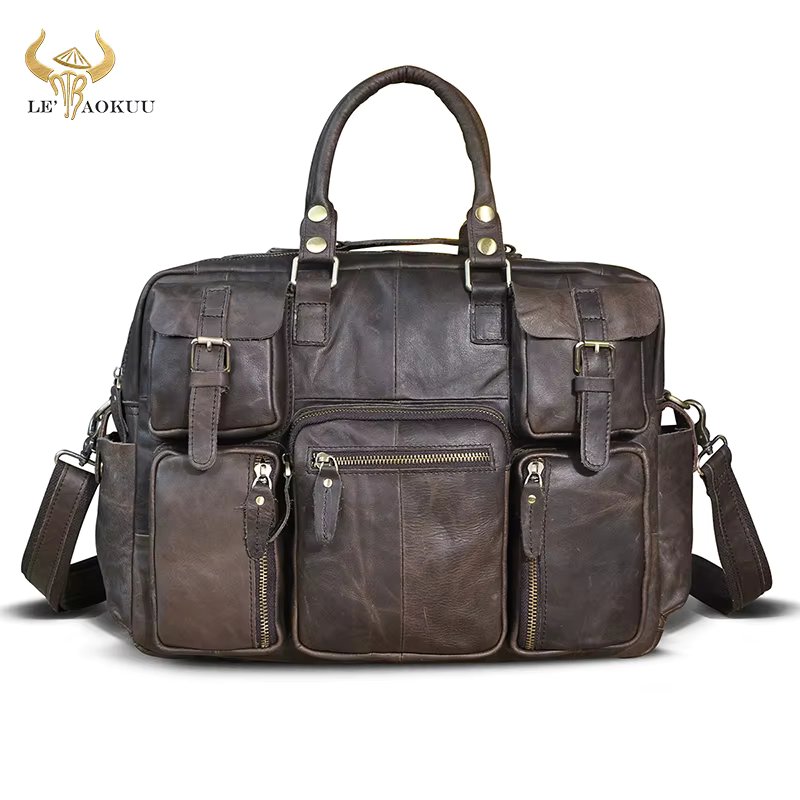 Men Real Genuine Leather Vintage Large Capacity Travel Briefcase Business 15.6" Laptop Case Attache Messenger Bag Portfolio 3061